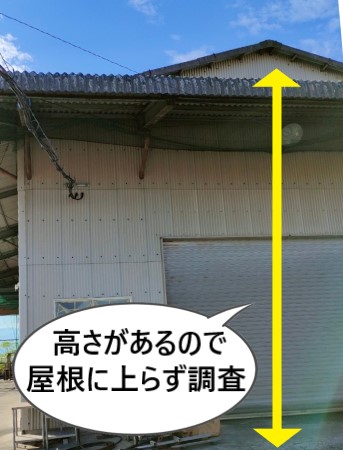 工場屋根調査　雨漏り　高さがあるので屋根に上らず調査　梯子